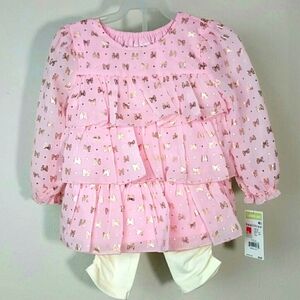 Matching set ruffled pink gold top long sleeve ivory pant NEW 18 mos